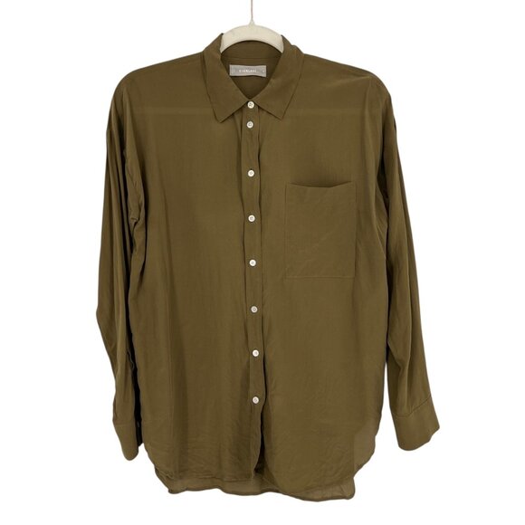 Everlane The Clean Silk Oversized Shirt Olive Green Size 2 - Picture 1 of 13